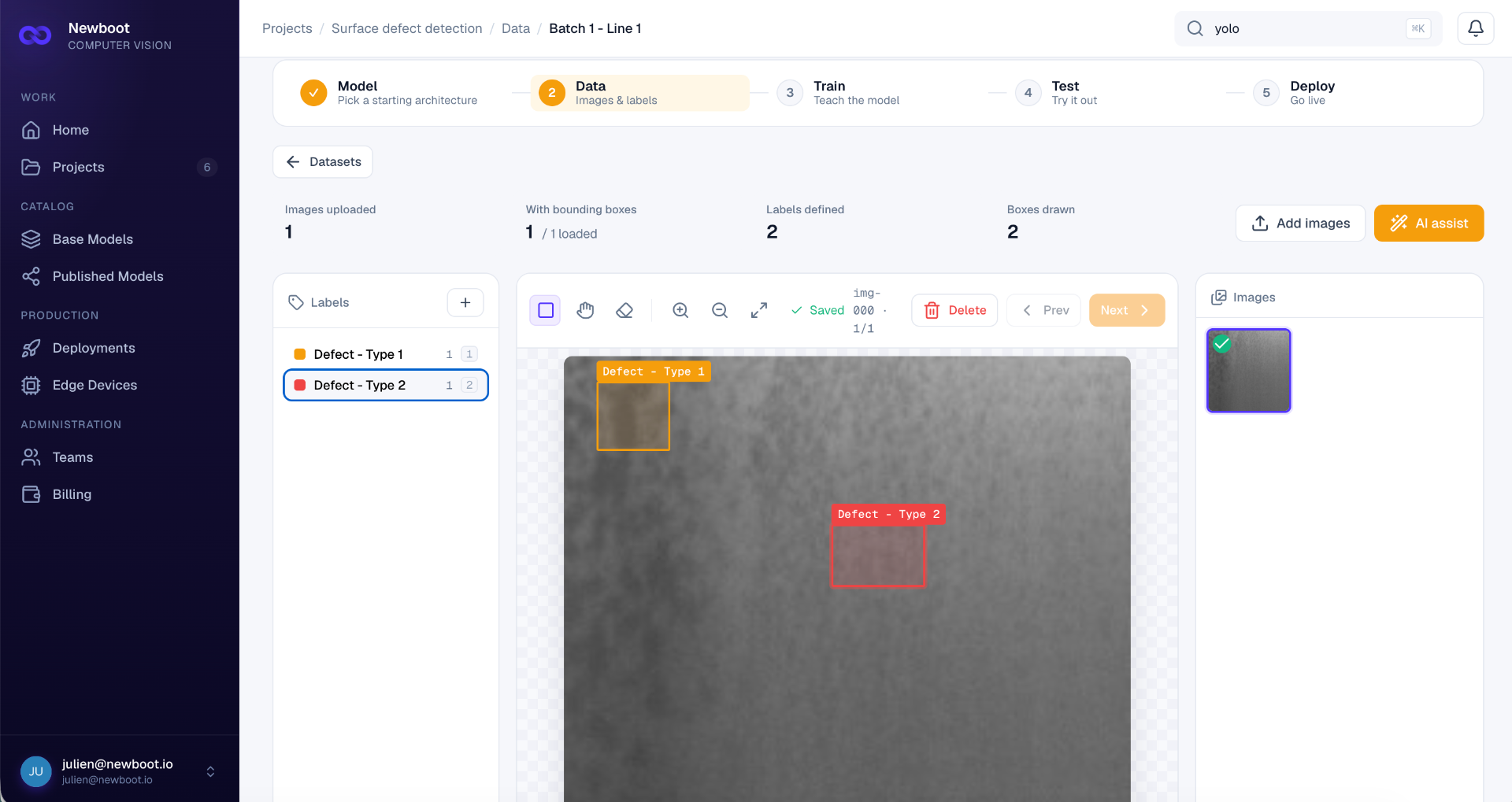 Interface Newboot Computer Vision — annotation de défauts détectés sur une ligne de production